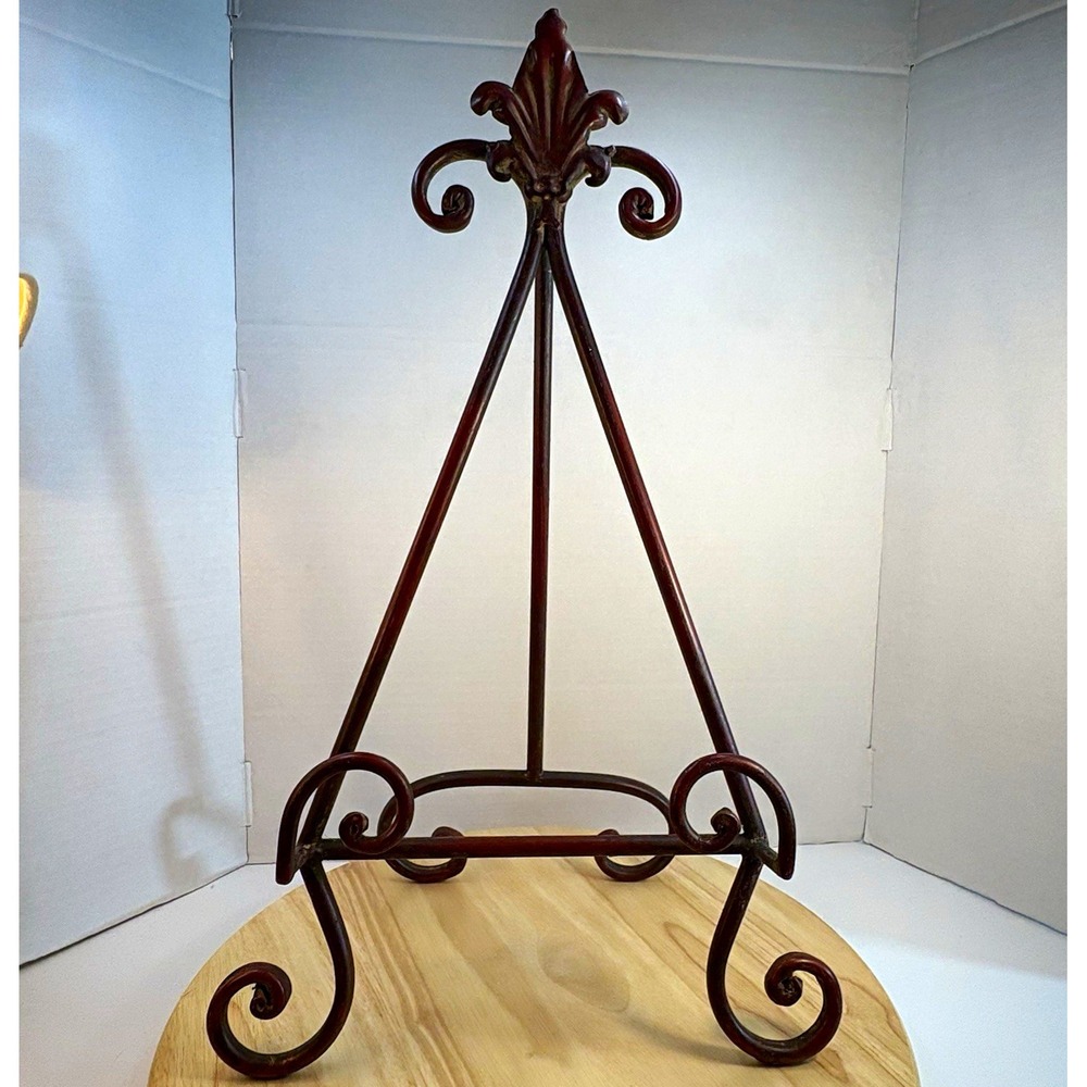 Red Metal Scrollwork Display Easel Book Stand 21 in Tall Fleur-de-Lis Decor